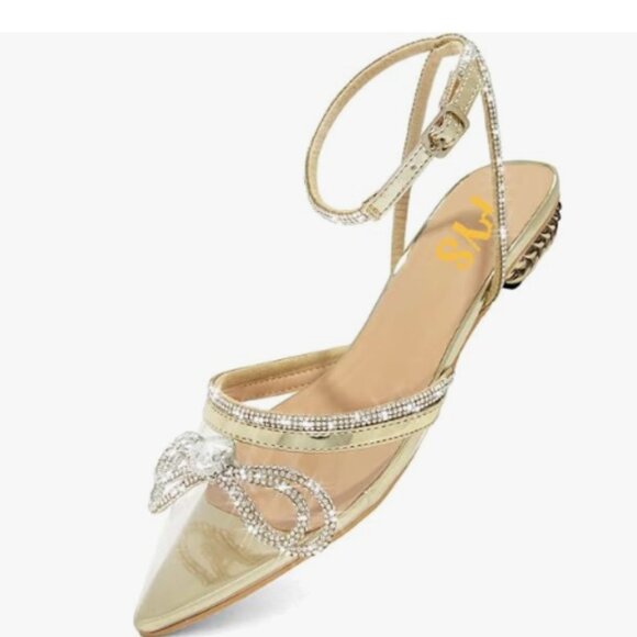 FYS Shoes - FYS Gold Pointed Toe Slingback Clear Block Low Heels Sparkly Rhinestone Sandals